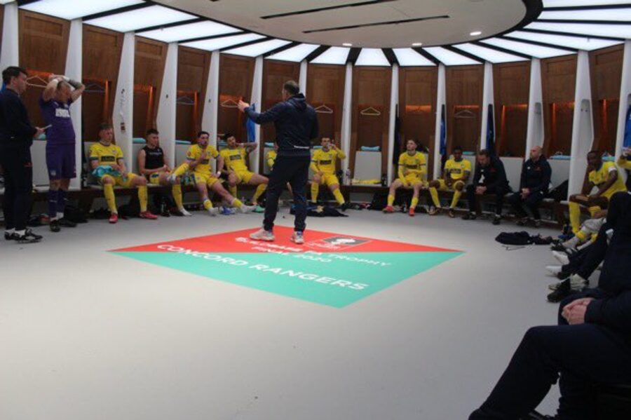 Danny Scopes addressing his Concord Rangers players in the Wembley dressing room before the FA Trophy final